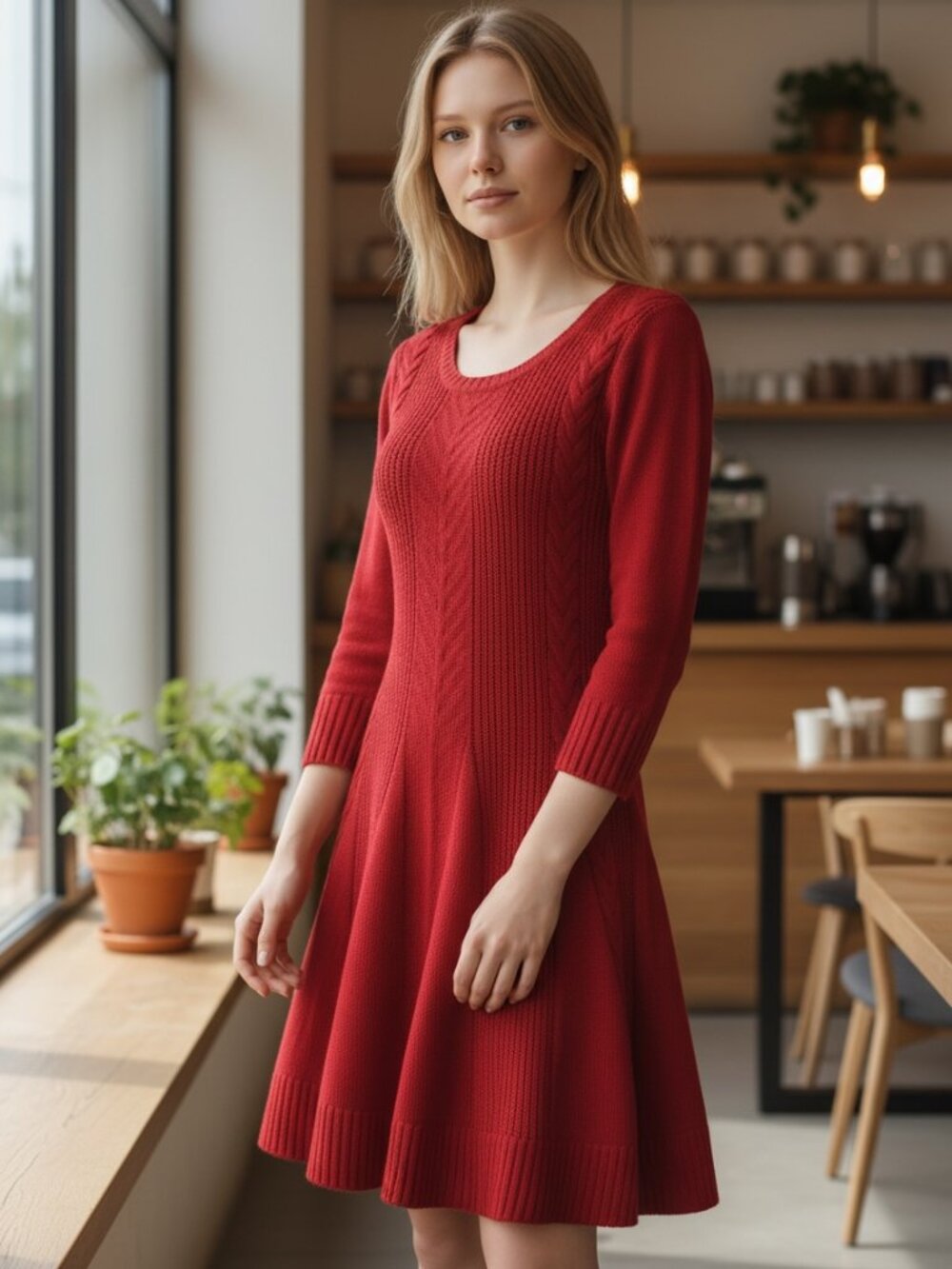 IZ Byer Red Cable Knit Sweater Dress Women’s Medium Fit & Flare 3/4 Sleeve